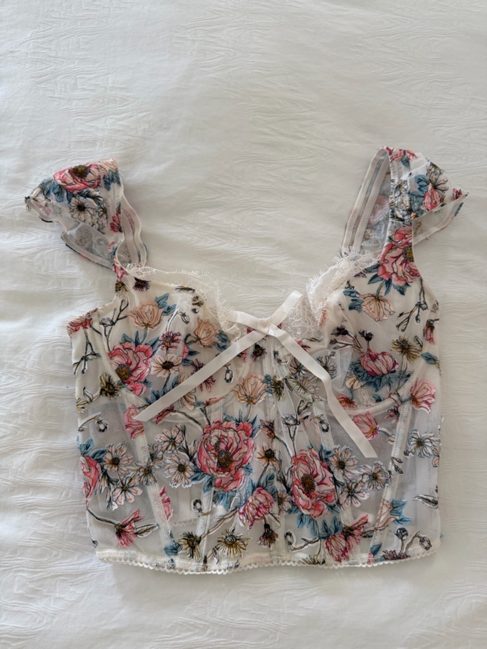 Victoria's Secret Floral Lace-Trim Sheer Cami in Ivory with Pink & Blue Flowers